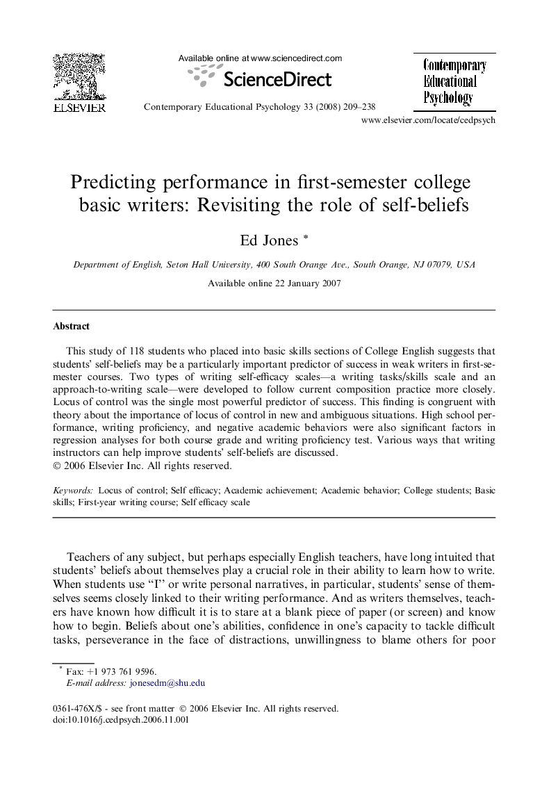 Predicting performance in first-semester college basic writers: Revisiting the role of self-beliefs