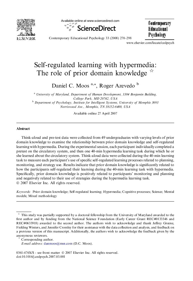 Self-regulated learning with hypermedia: The role of prior domain knowledge 