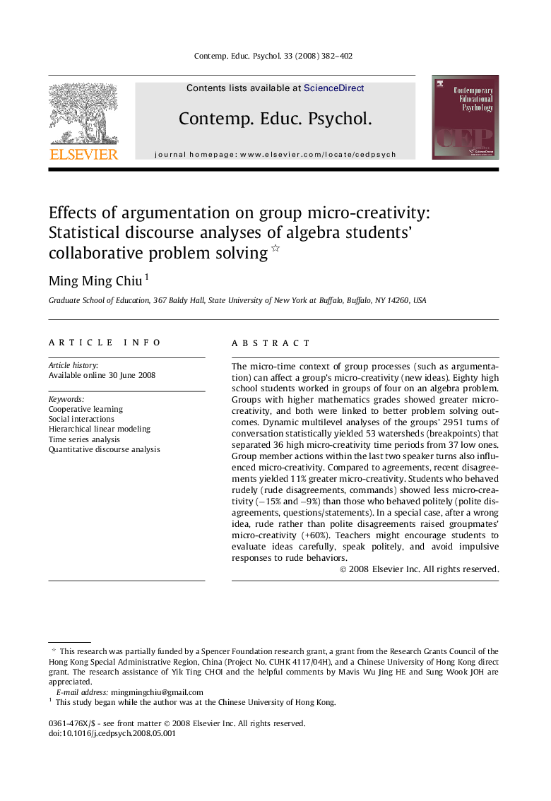 Effects of argumentation on group micro-creativity: Statistical discourse analyses of algebra students’ collaborative problem solving 