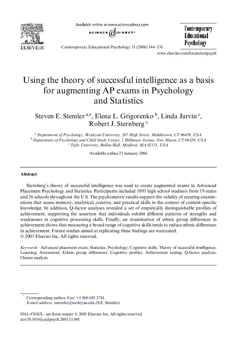 Using the theory of successful intelligence as a basis for augmenting AP exams in Psychology and Statistics