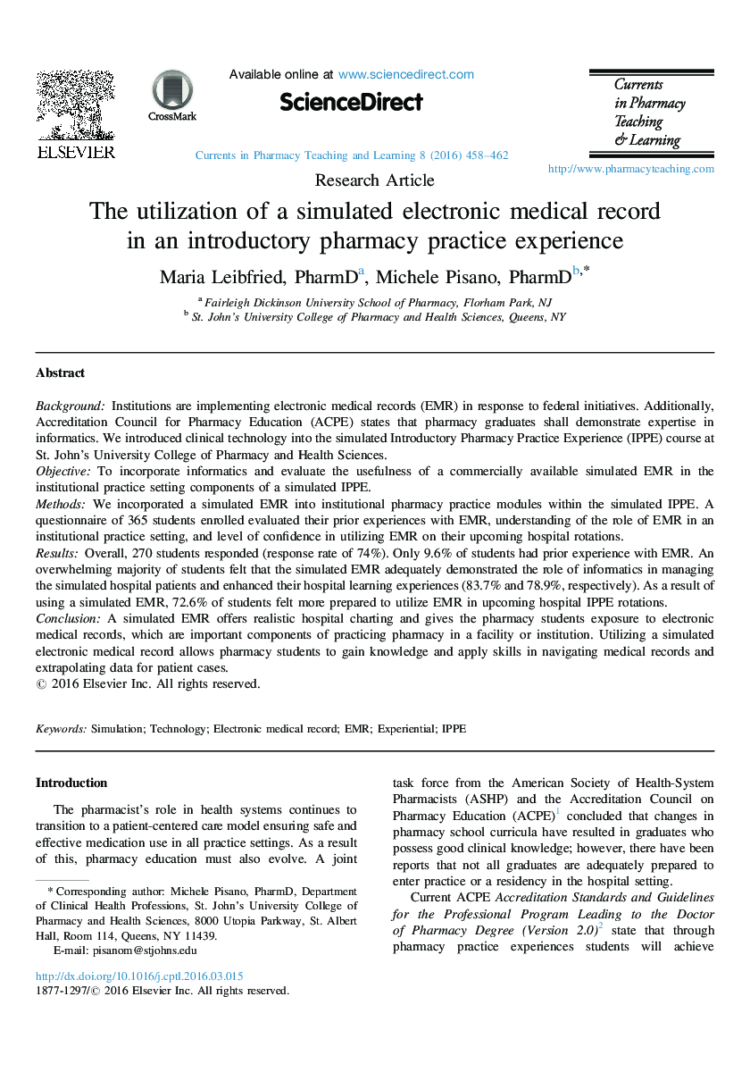 The utilization of a simulated electronic medical record in an introductory pharmacy practice experience