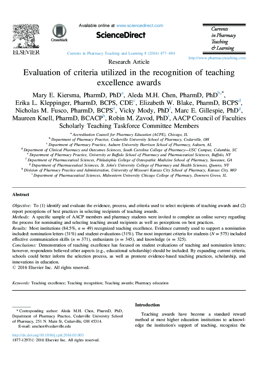 Evaluation of criteria utilized in the recognition of teaching excellence awards