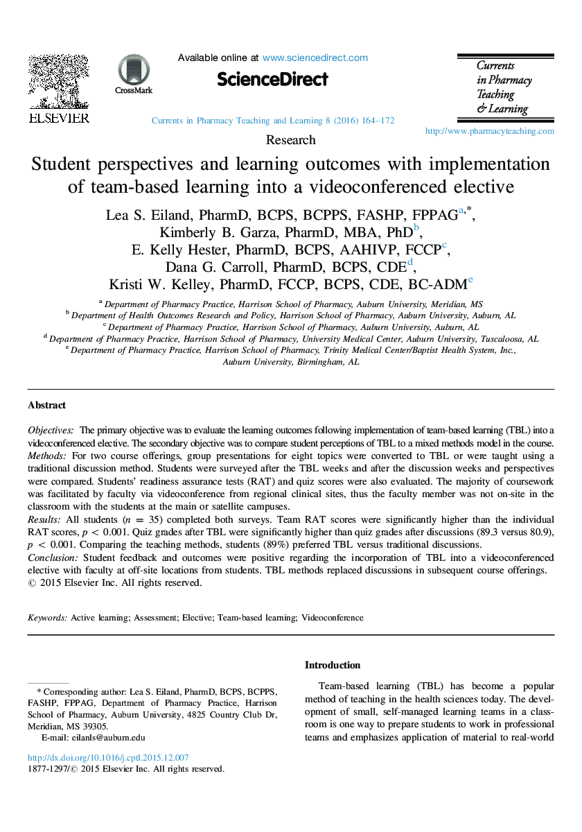 Student perspectives and learning outcomes with implementation of team-based learning into a videoconferenced elective