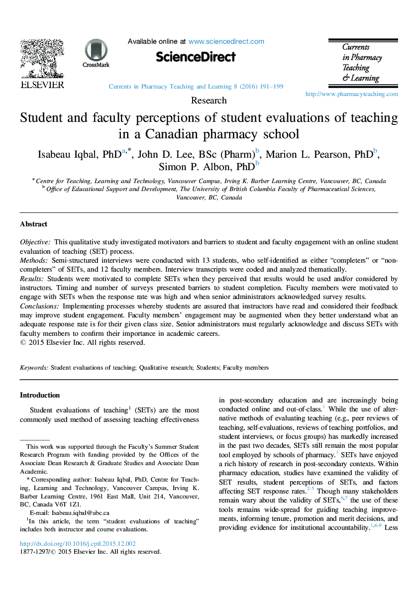 Student and faculty perceptions of student evaluations of teaching in a Canadian pharmacy school 