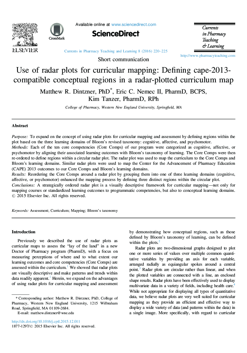 Use of radar plots for curricular mapping: Defining cape-2013-compatible conceptual regions in a radar-plotted curriculum map