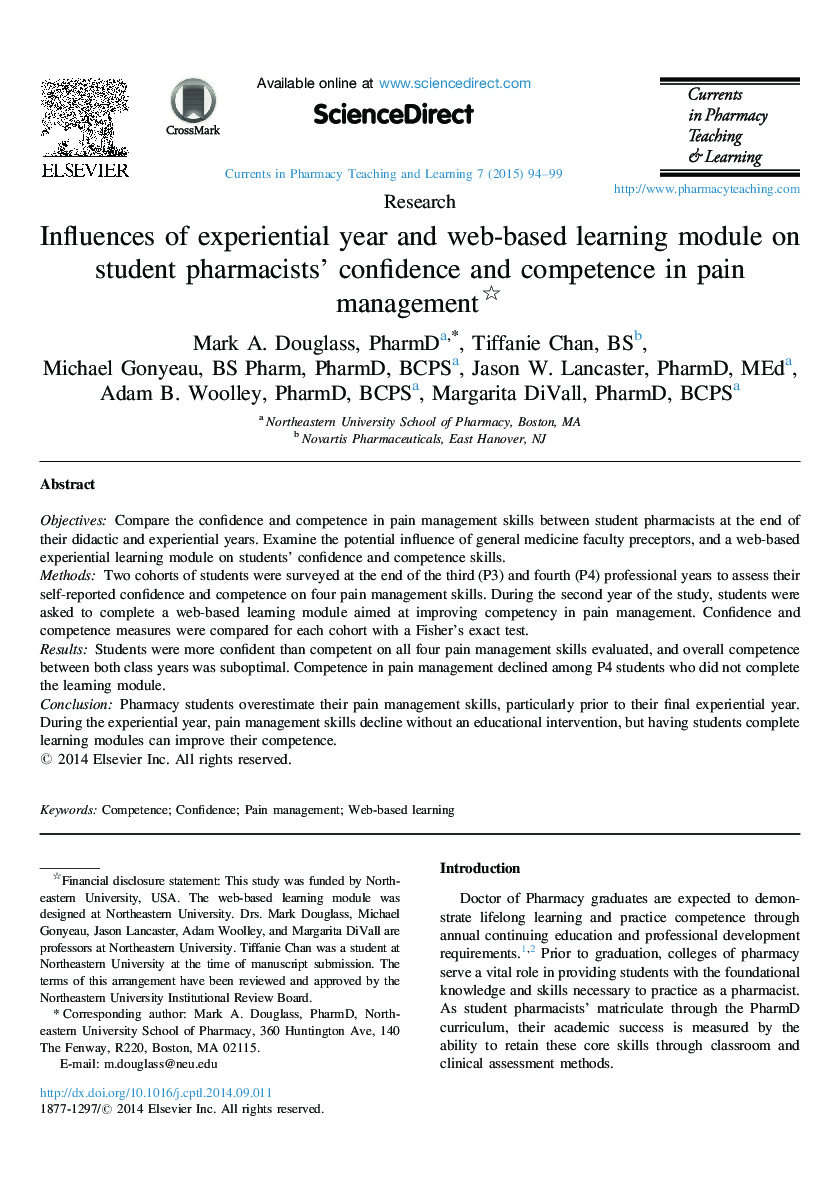 Influences of experiential year and web-based learning module on student pharmacists’ confidence and competence in pain management 