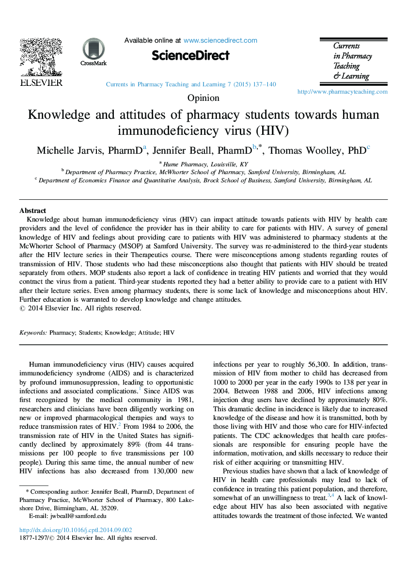 Knowledge and attitudes of pharmacy students towards human immunodeficiency virus (HIV)