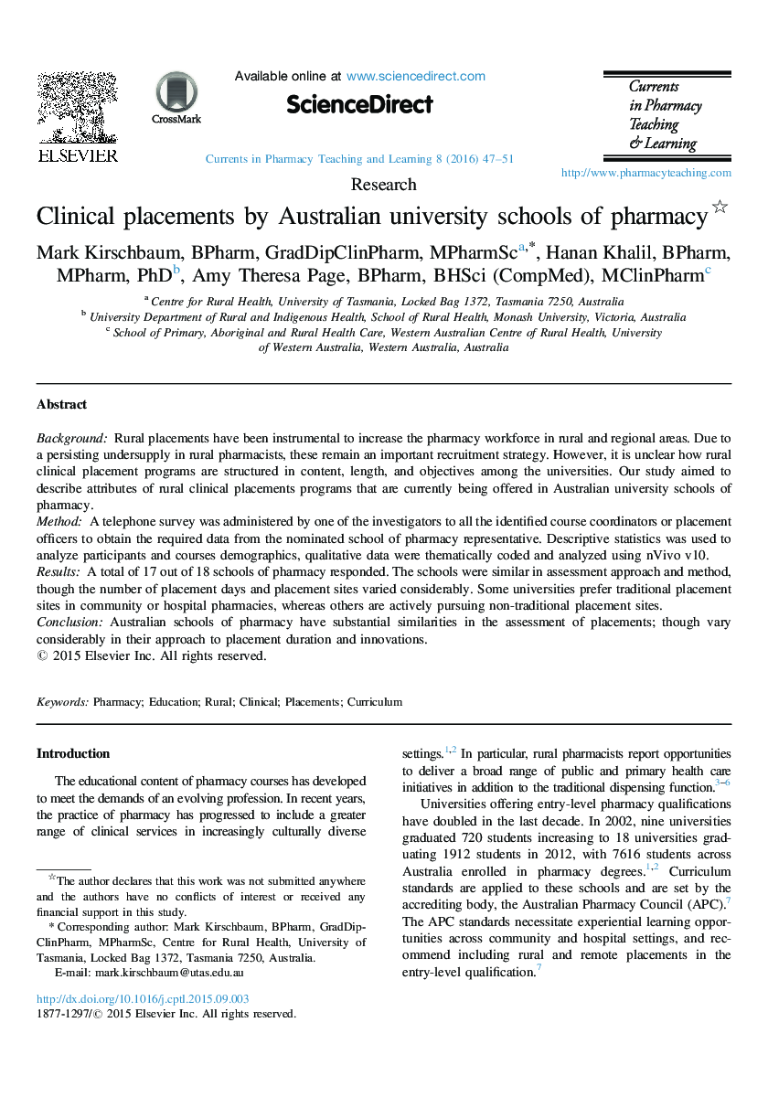 Clinical placements by Australian university schools of pharmacy