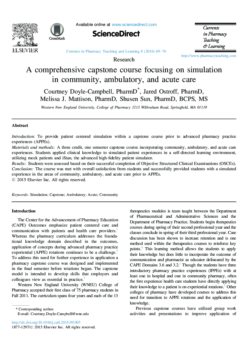 A comprehensive capstone course focusing on simulation in community, ambulatory, and acute care