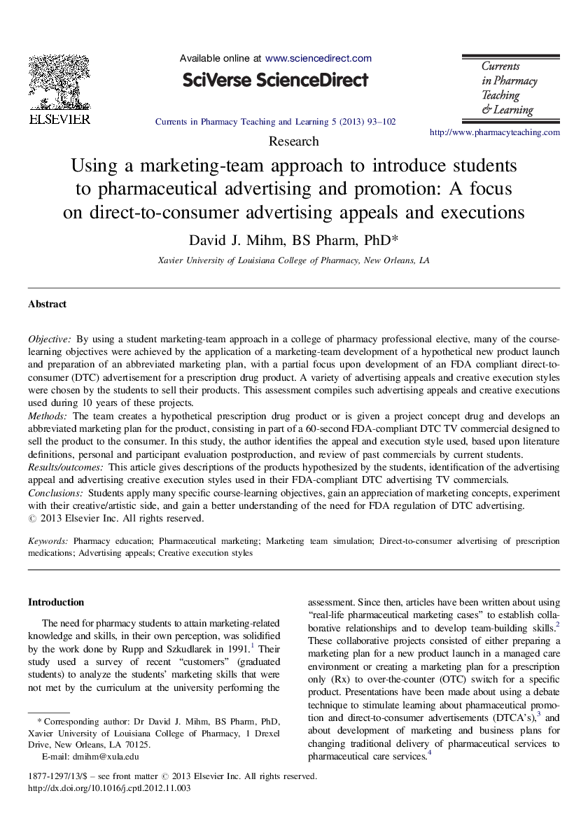 Using a marketing-team approach to introduce students to pharmaceutical advertising and promotion: A focus on direct-to-consumer advertising appeals and executions