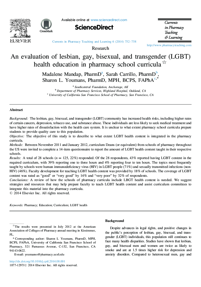 An evaluation of lesbian, gay, bisexual, and transgender (LGBT) health education in pharmacy school curricula 