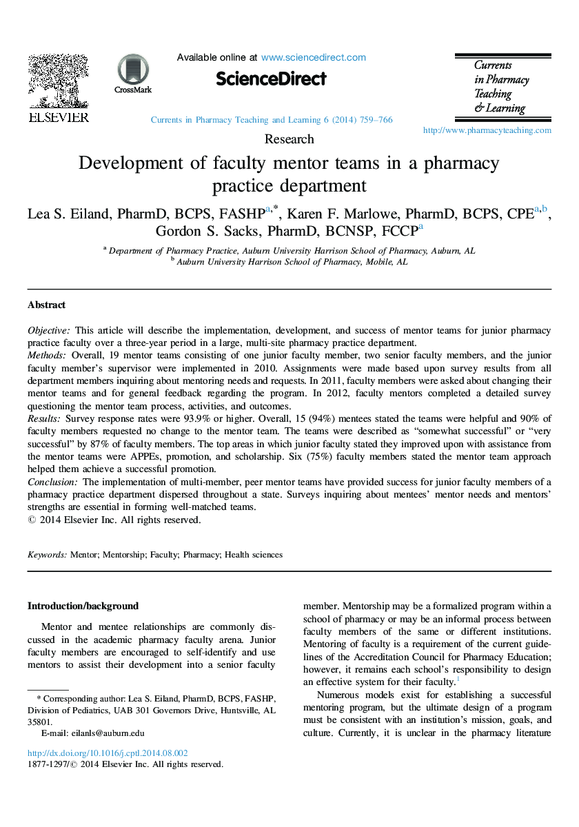 Development of faculty mentor teams in a pharmacy practice department