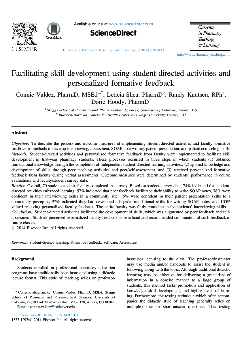 Facilitating skill development using student-directed activities and personalized formative feedback