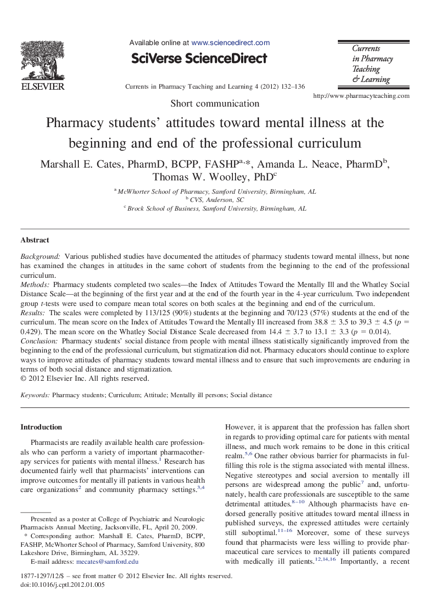 Pharmacy students' attitudes toward mental illness at the beginning and end of the professional curriculum