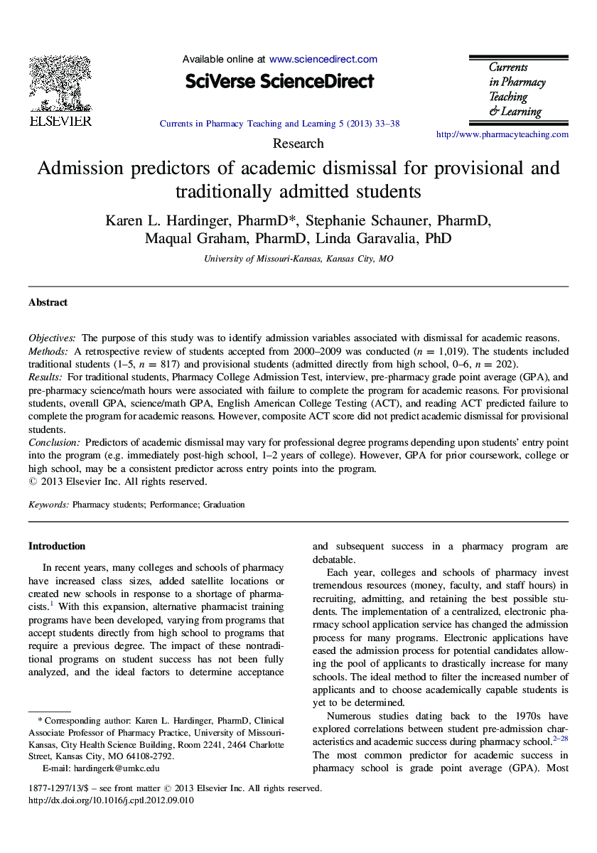 Admission predictors of academic dismissal for provisional and traditionally admitted students