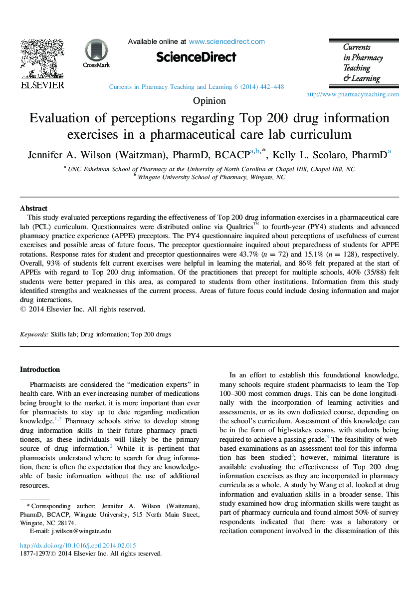 Evaluation of perceptions regarding Top 200 drug information exercises in a pharmaceutical care lab curriculum