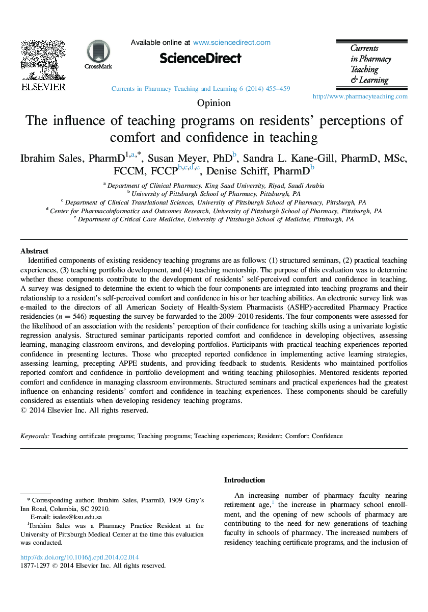 The influence of teaching programs on residentsʼ perceptions of comfort and confidence in teaching