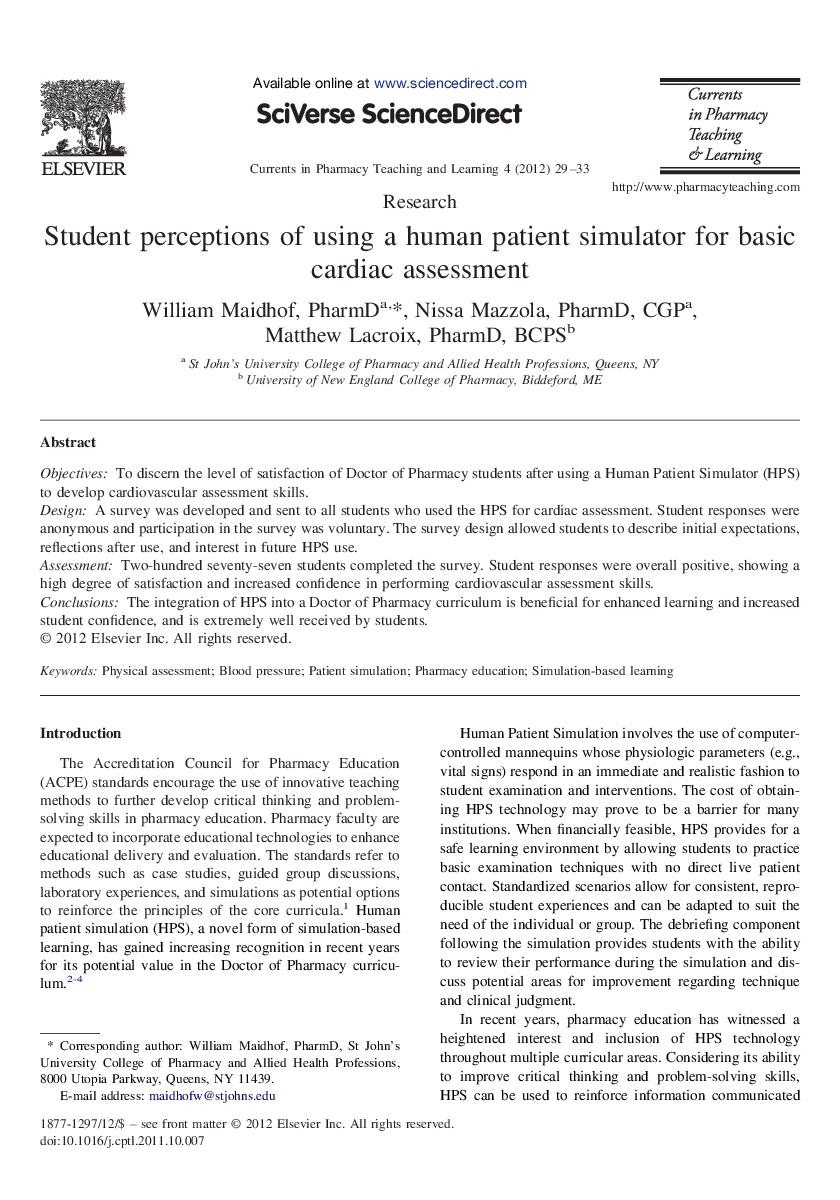 Student perceptions of using a human patient simulator for basic cardiac assessment