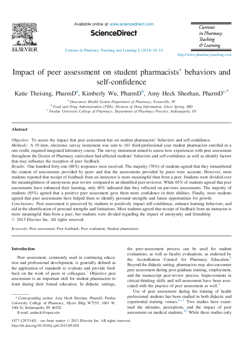 Impact of peer assessment on student pharmacists’ behaviors and self-confidence