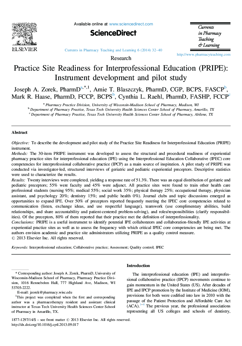 Practice Site Readiness for Interprofessional Education (PRIPE): Instrument development and pilot study