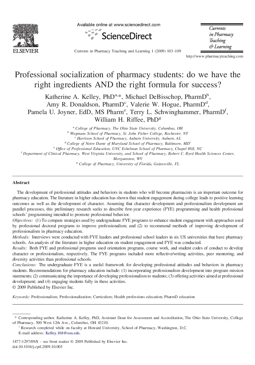 عکس صفحه اول مقاله: Professional socialization of pharmacy students: do we have the right ingredients AND the right formula for success? Professional socialization of pharmacy students: do we have the right ingredients AND the right formula for success?