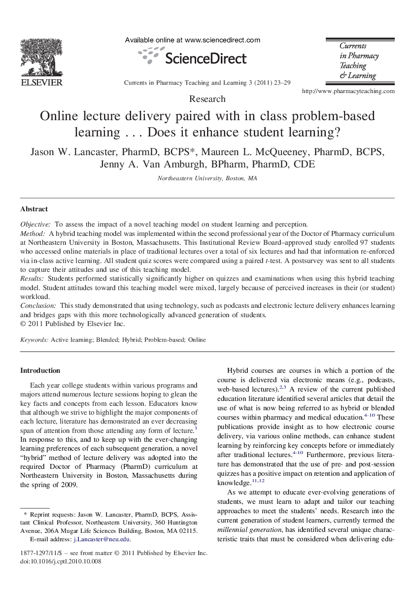 Online lecture delivery paired with in class problem-based learning … Does it enhance student learning?