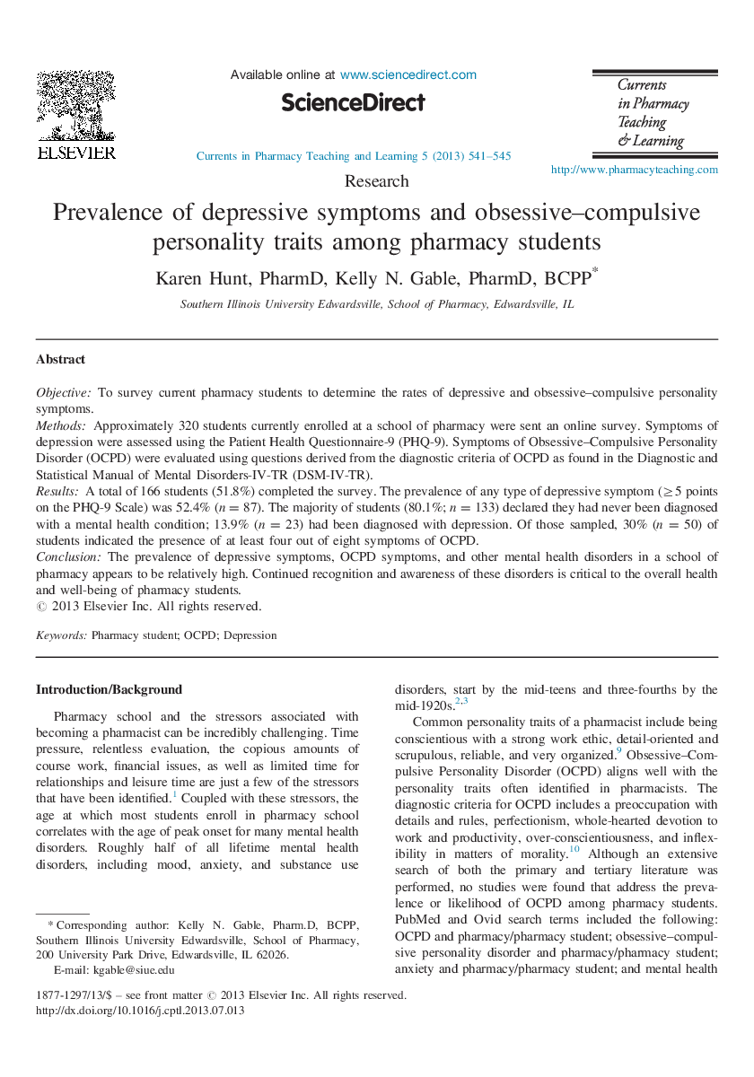 Prevalence of depressive symptoms and obsessive–compulsive personality traits among pharmacy students