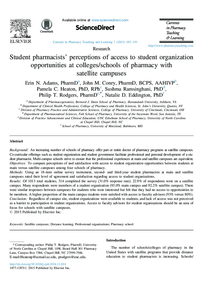 Student pharmacists’ perceptions of access to student organization opportunities at colleges/schools of pharmacy with satellite campuses