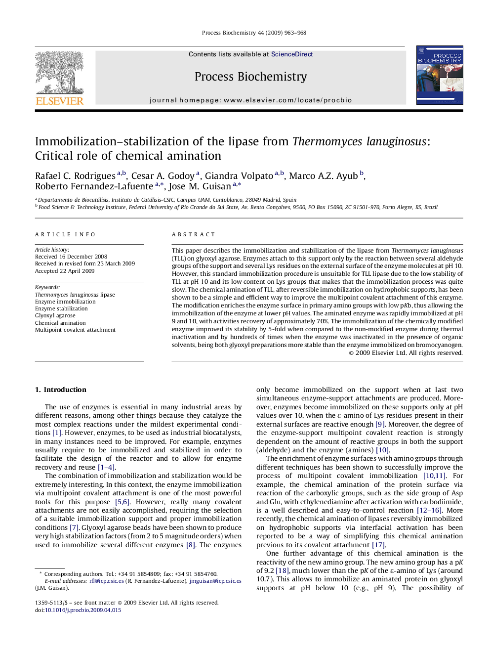 Immobilization–stabilization of the lipase from Thermomyces lanuginosus: Critical role of chemical amination