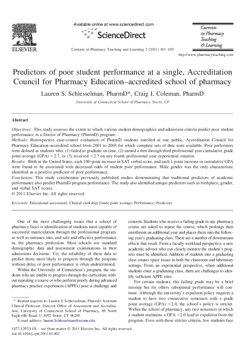 Predictors of poor student performance at a single, Accreditation Council for Pharmacy Education–accredited school of pharmacy