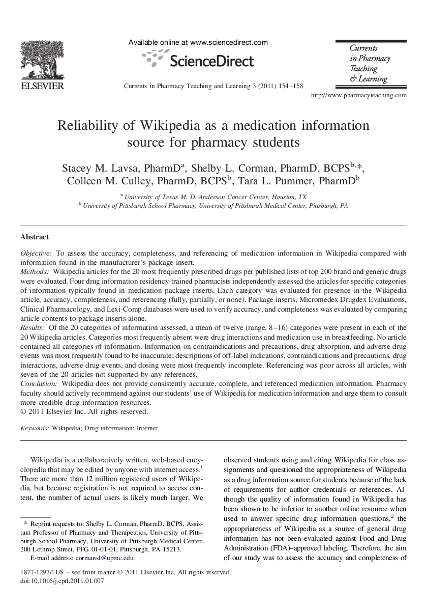 Reliability of Wikipedia as a medication information source for pharmacy students
