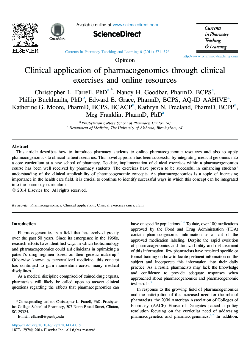 Clinical application of pharmacogenomics through clinical exercises and online resources