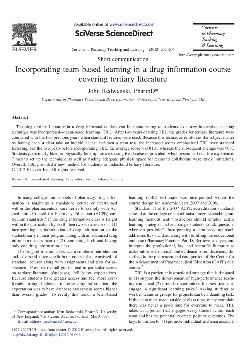 Incorporating team-based learning in a drug information course covering tertiary literature