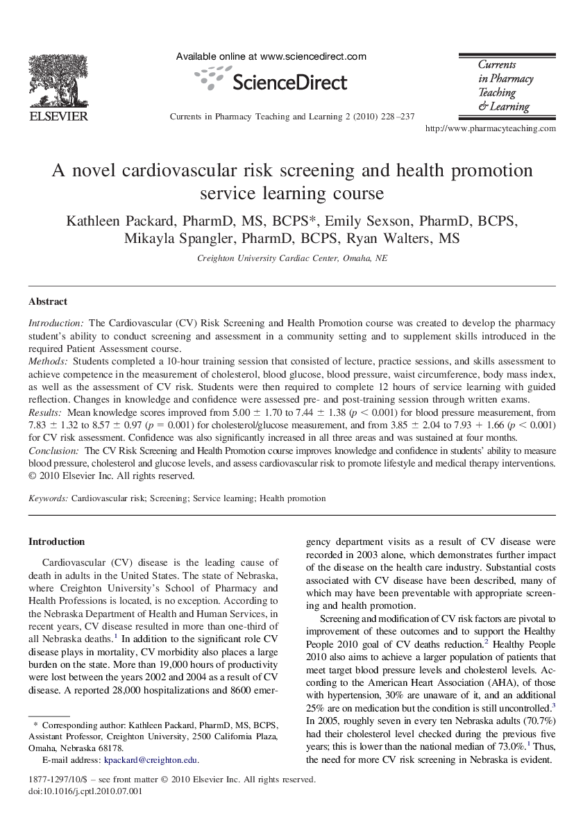 A novel cardiovascular risk screening and health promotion service learning course