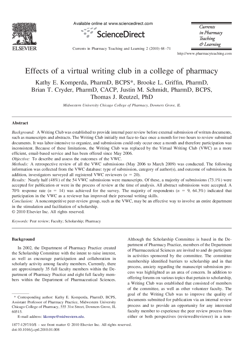 Effects of a virtual writing club in a college of pharmacy