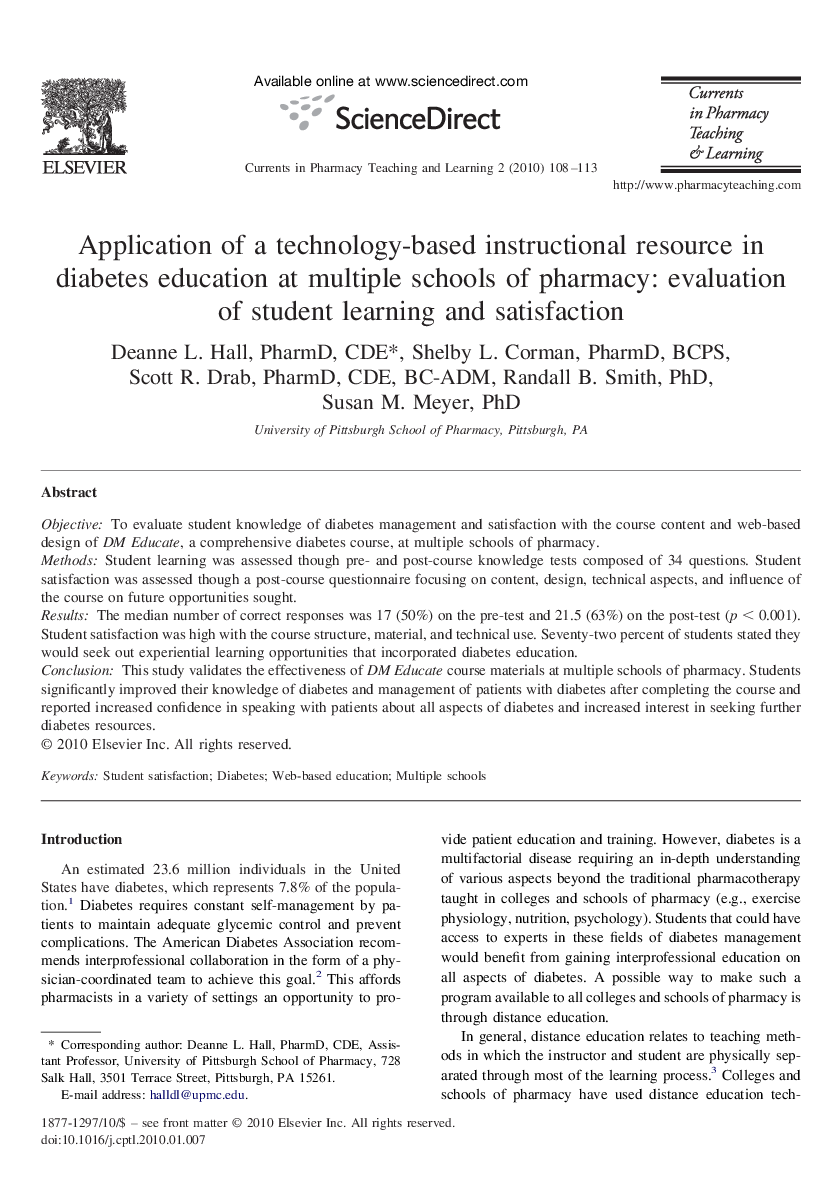 Application of a technology-based instructional resource in diabetes education at multiple schools of pharmacy: evaluation of student learning and satisfaction