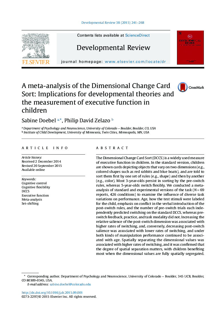 A meta-analysis of the Dimensional Change Card Sort: Implications for developmental theories and the measurement of executive function in children