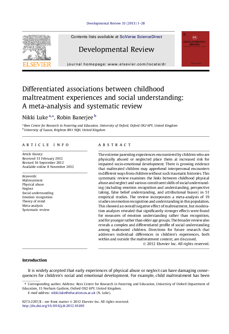 Differentiated associations between childhood maltreatment experiences and social understanding: A meta-analysis and systematic review