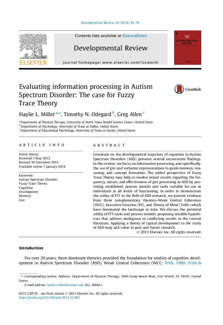 Evaluating information processing in Autism Spectrum Disorder: The case for Fuzzy Trace Theory