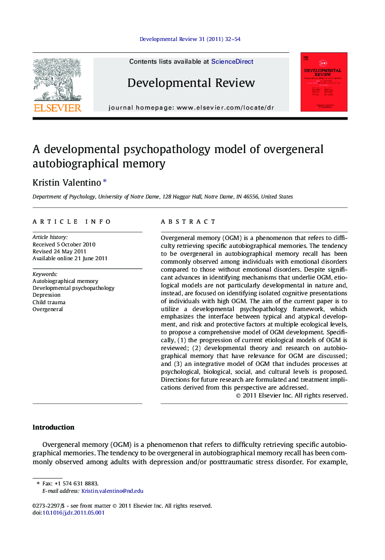 A developmental psychopathology model of overgeneral autobiographical memory