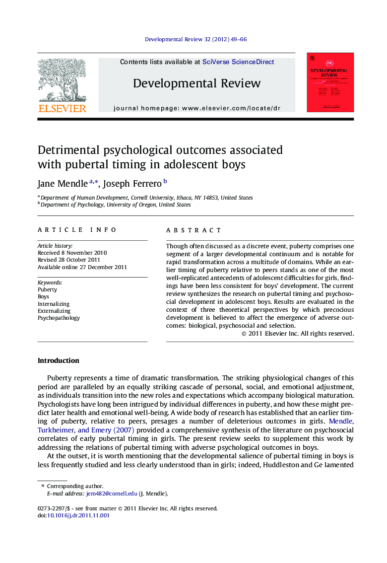 Detrimental psychological outcomes associated with pubertal timing in adolescent boys