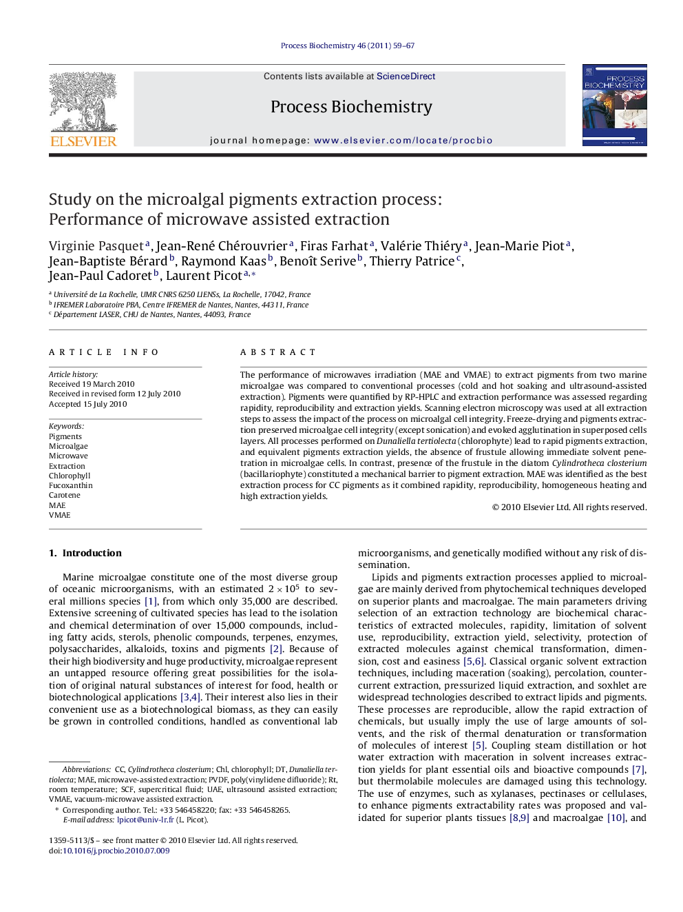 عکس صفحه اول مقاله: Study on the microalgal pigments extraction process: Performance of microwave assisted extraction Study on the microalgal pigments extraction process: Performance of microwave assisted extraction