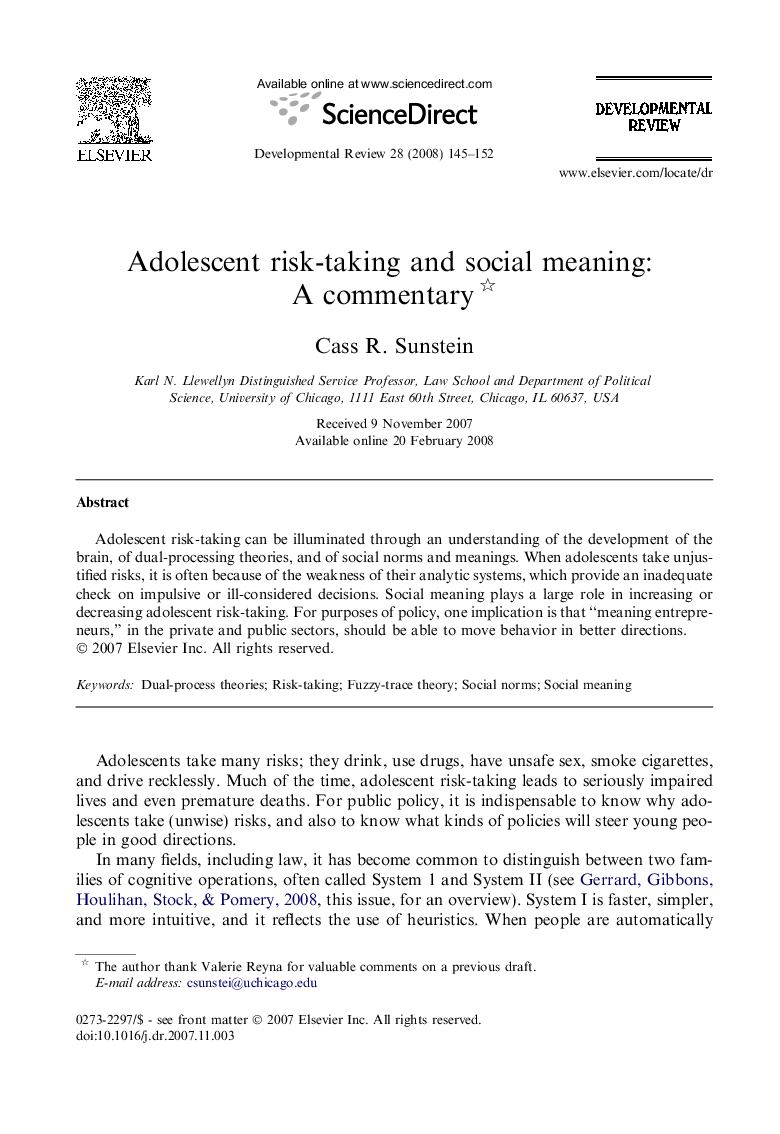 Adolescent risk-taking and social meaning: A commentary 