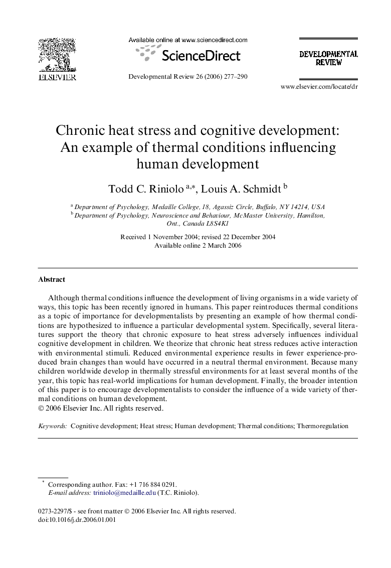 Chronic heat stress and cognitive development: An example of thermal conditions influencing human development