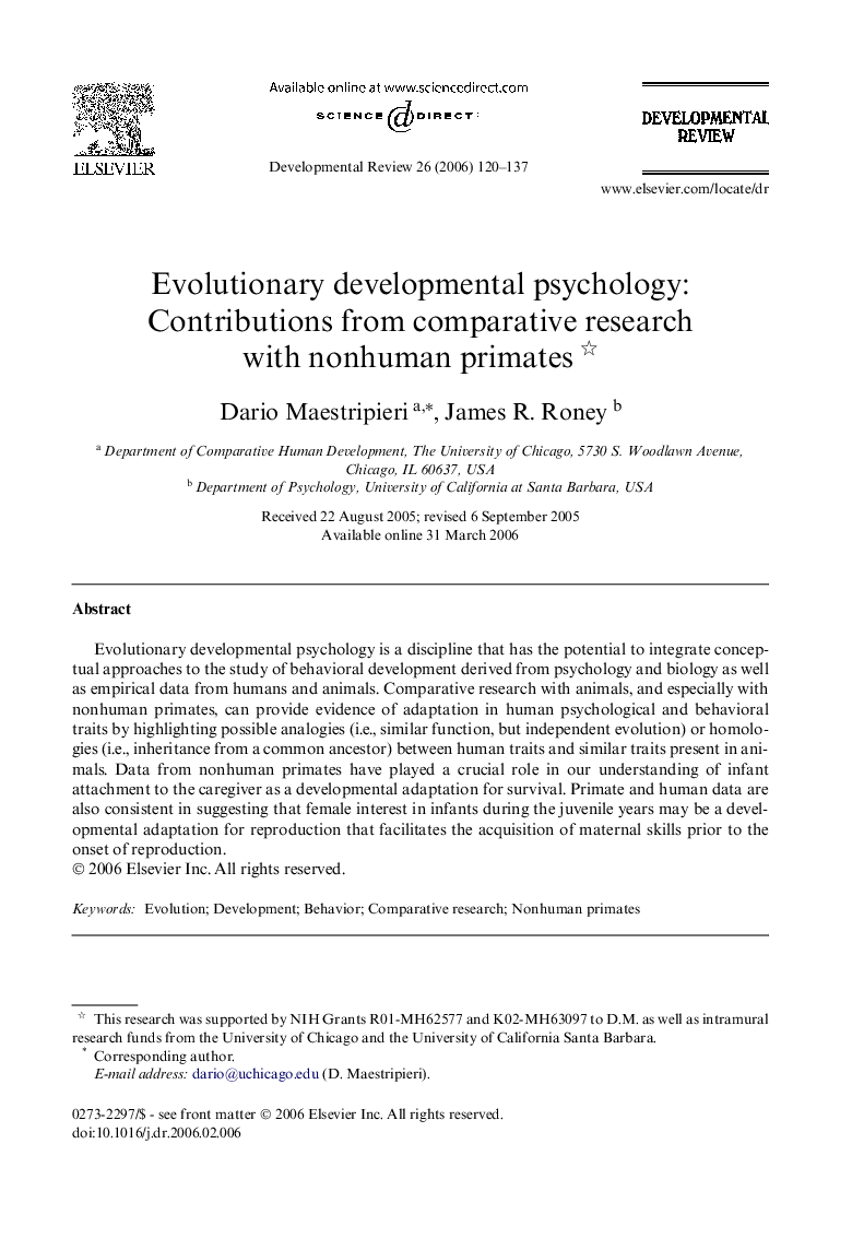Evolutionary developmental psychology: Contributions from comparative research with nonhuman primates 