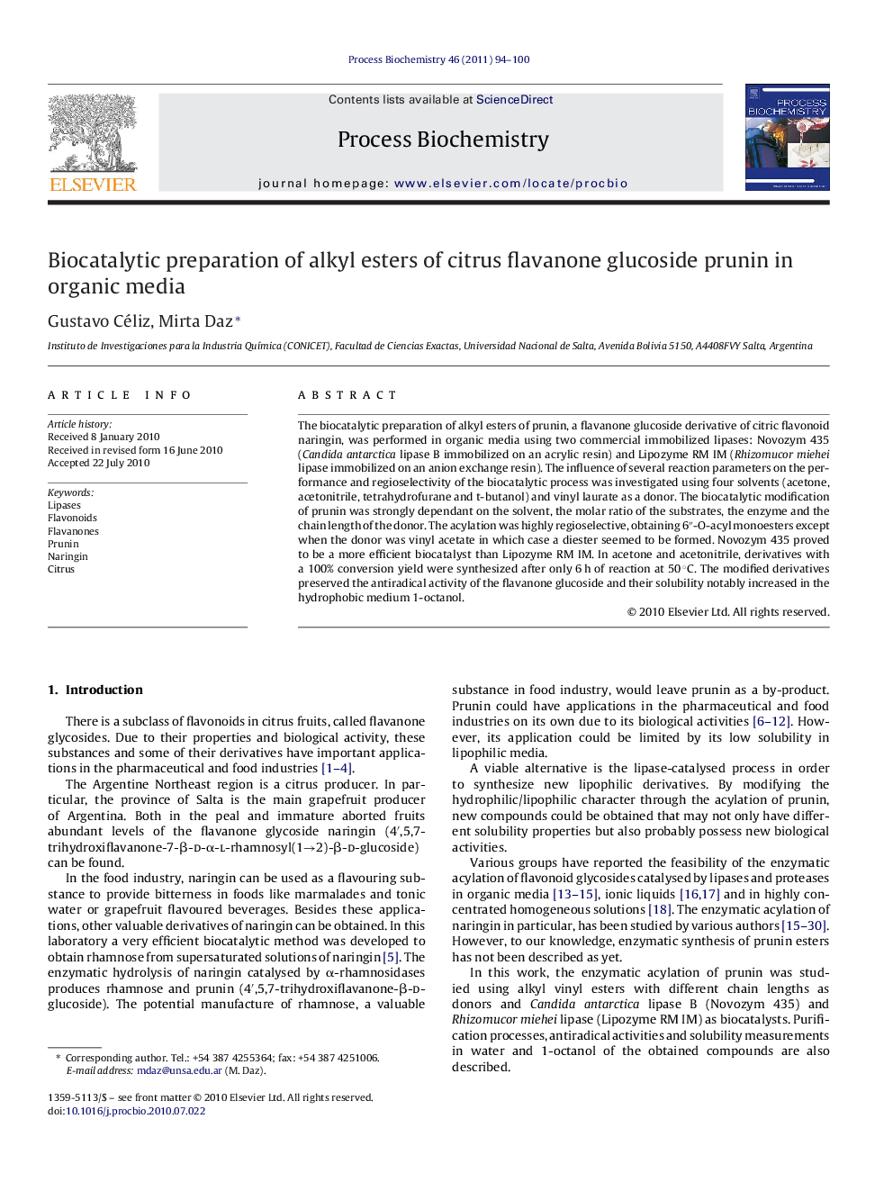 Biocatalytic preparation of alkyl esters of citrus flavanone glucoside prunin in organic media