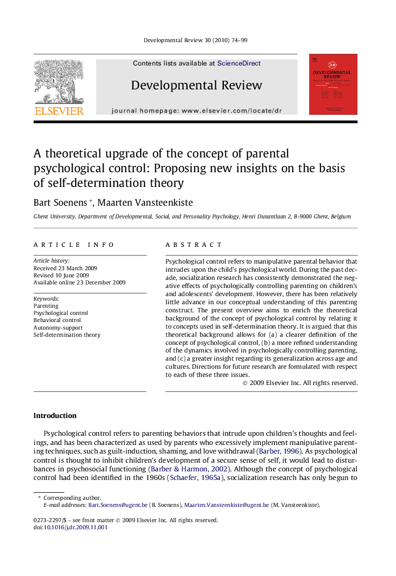 A theoretical upgrade of the concept of parental psychological control: Proposing new insights on the basis of self-determination theory