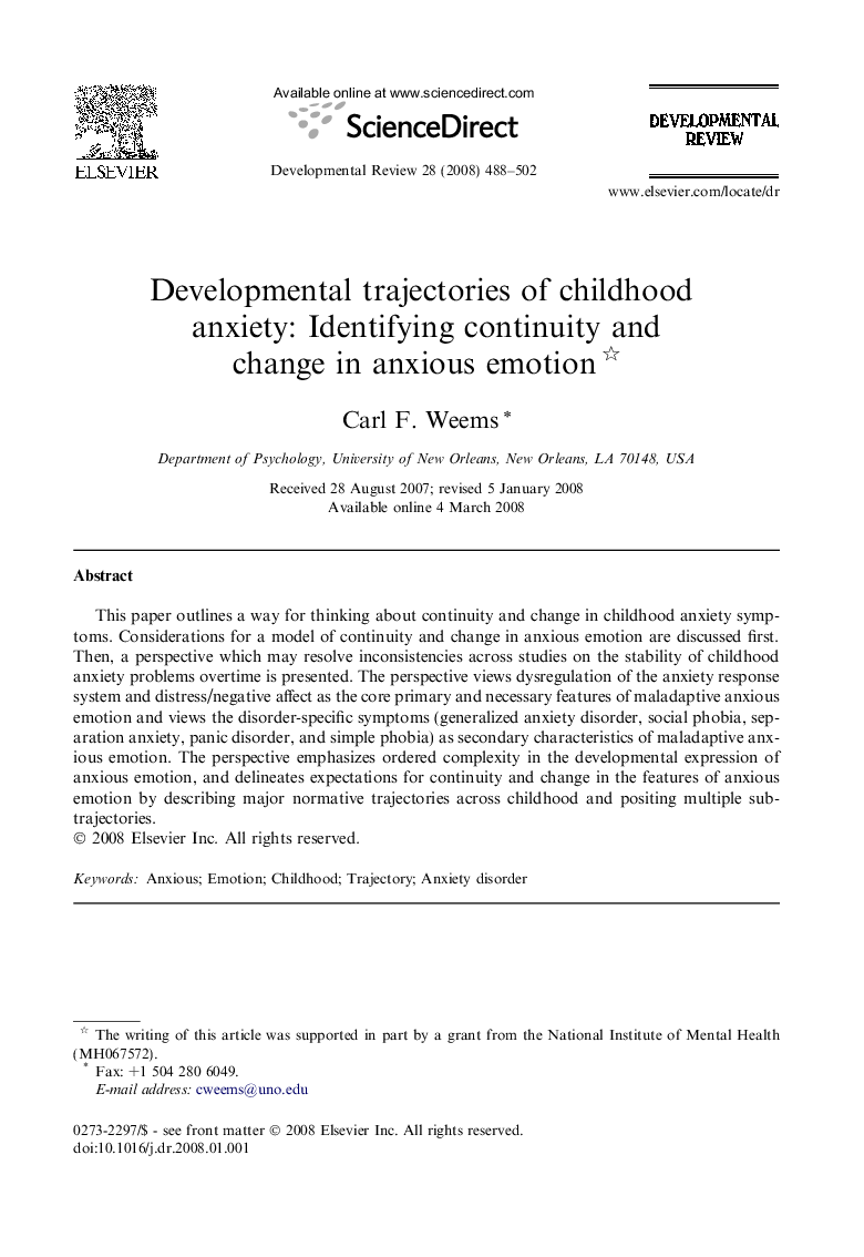 Developmental trajectories of childhood anxiety: Identifying continuity and change in anxious emotion 