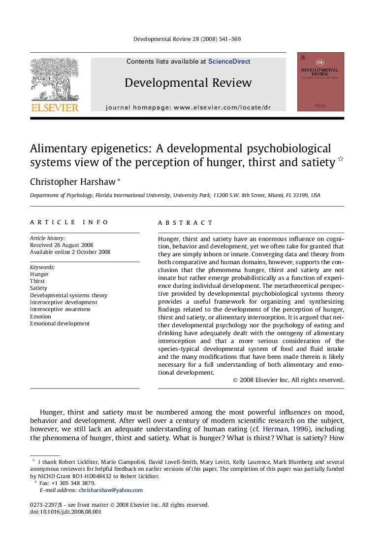 Alimentary epigenetics: A developmental psychobiological systems view of the perception of hunger, thirst and satiety 