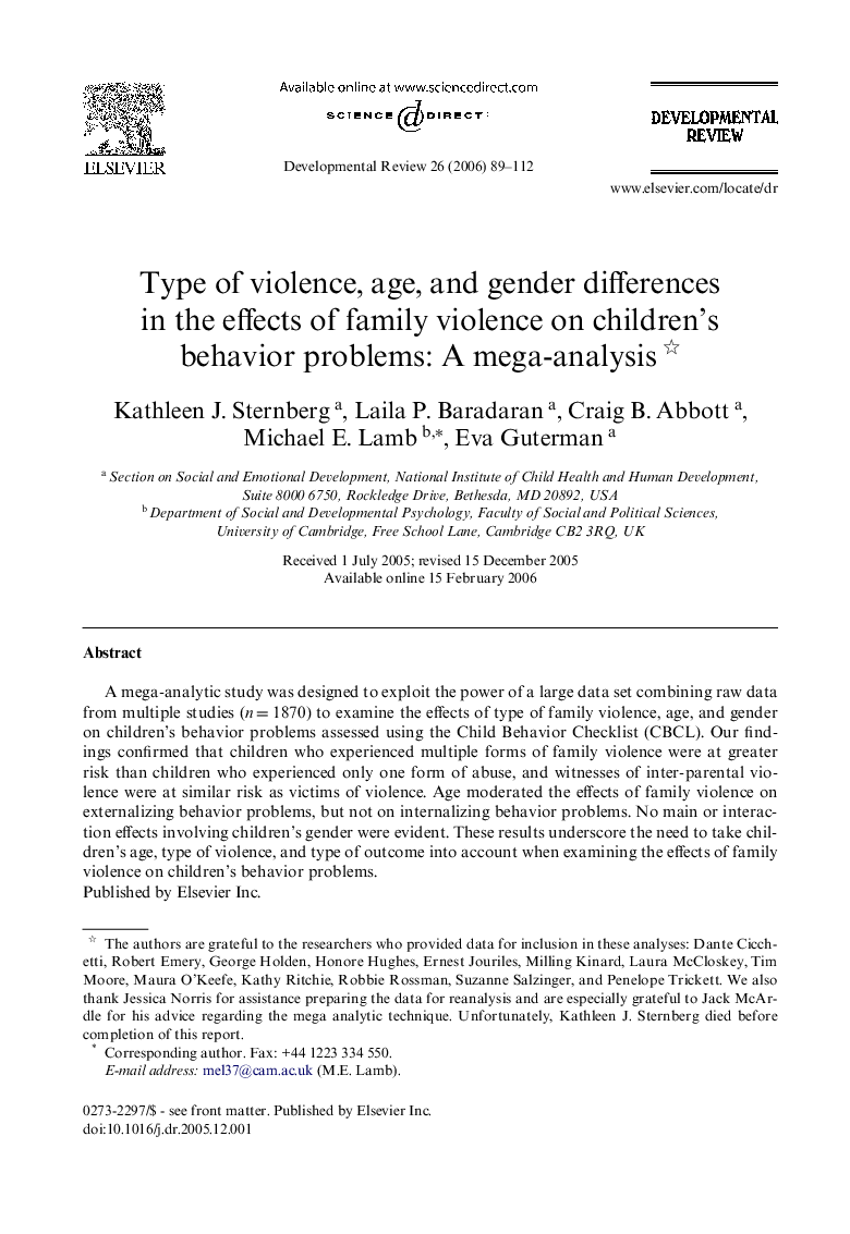 Type of violence, age, and gender differences in the effects of family violence on children’s behavior problems: A mega-analysis 